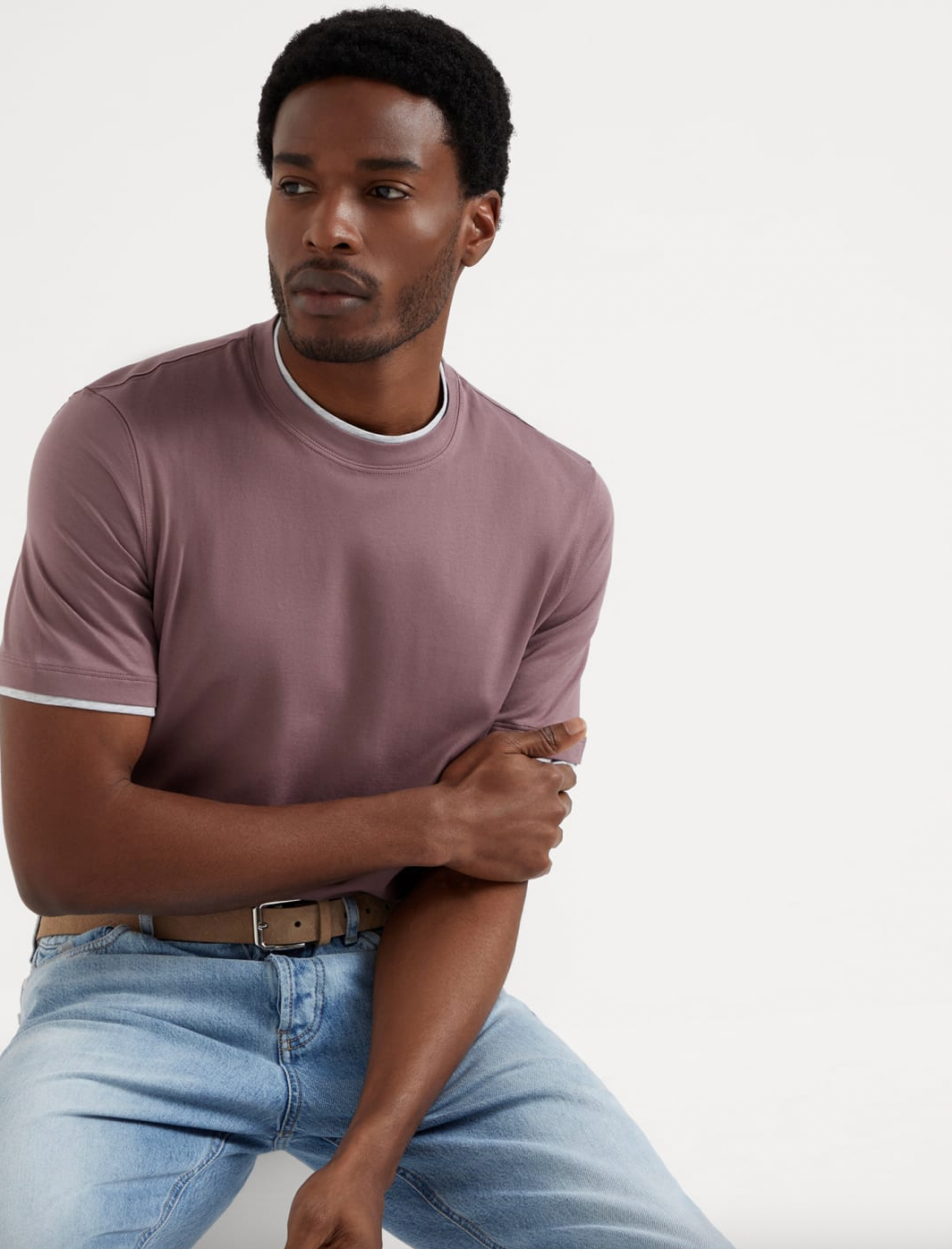 Brunello Cucinelli cotton jersey crew neck t-shirt with faux layering/Light purple