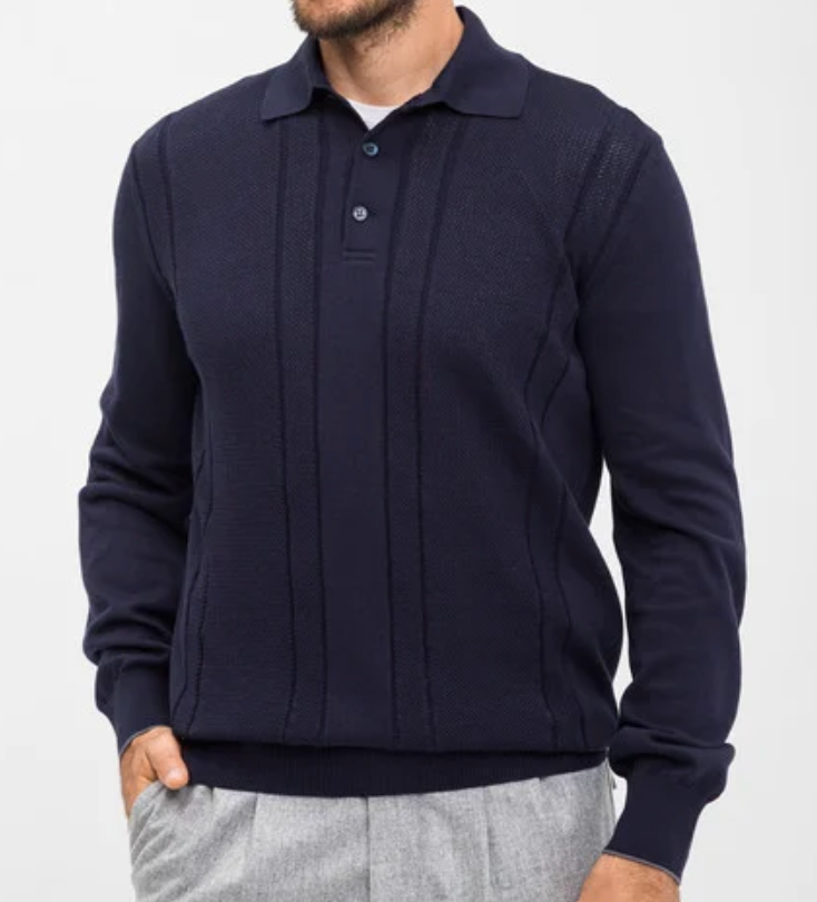 Brunello Cucinelli Cotton Textured Rib Knit Polo Navy