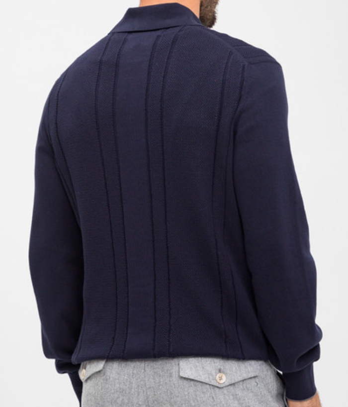 Brunello Cucinelli Cotton Textured Rib Knit Polo Navy