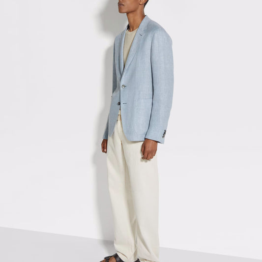 Zegna Linen Wool & Silk Blend Shirt Jacket Light Blue