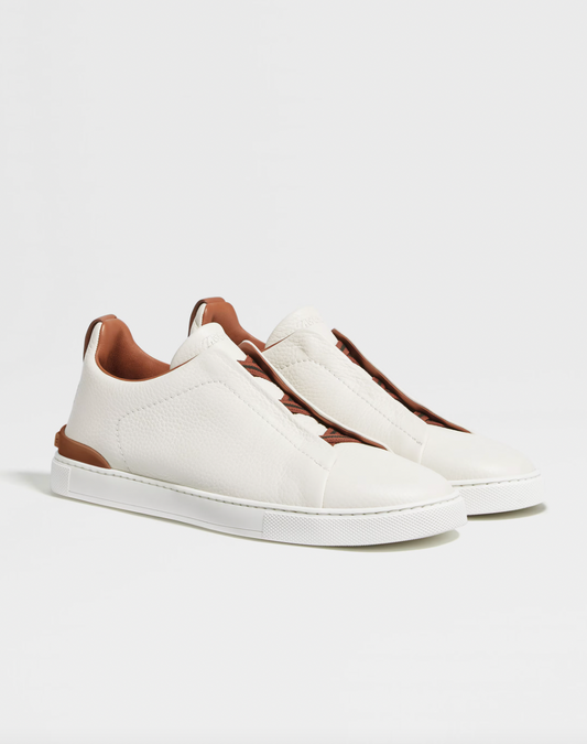 Zegna Off white deerskin triple stitch sneaker