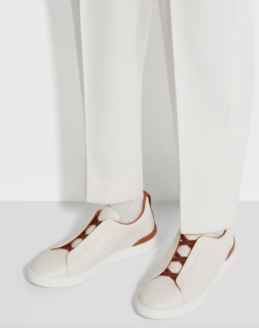 Zegna Off white deerskin triple stitch sneaker