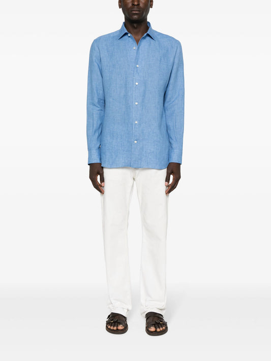 Zegna Linen Long Sleeved Shirt Blue